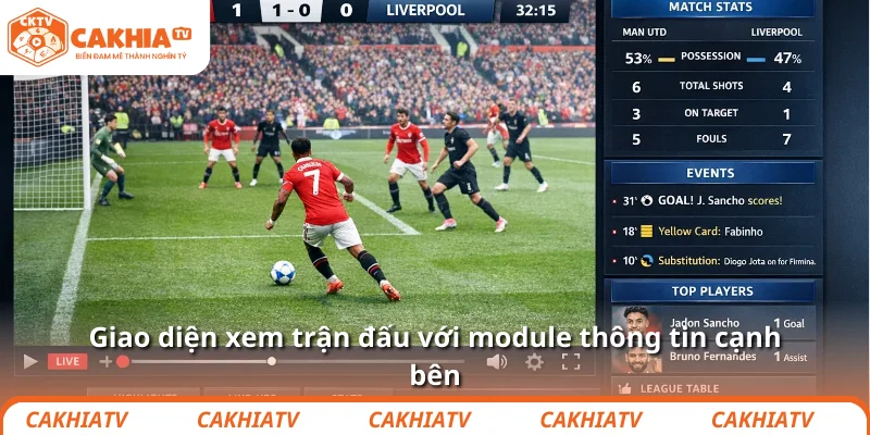 Giao diện xem trận đấu với module thông tin cạnh bên